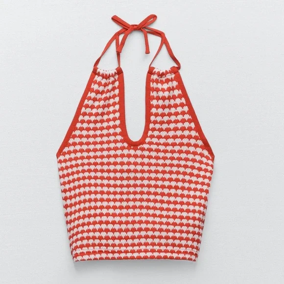 ZARA crochet halter tie crop top! Sleeveless red and white - Picture 2 of 11
